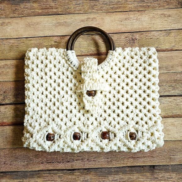 Vintage Handbags - Vintage Retro Handmade Macramé Crochet handbag with Beads Boho Bohemian Grandma